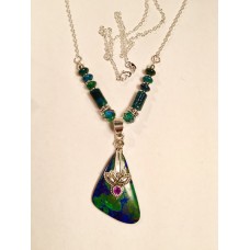 700 collier malachite, azurite, améthyste  longue chaine 28" argent sterling